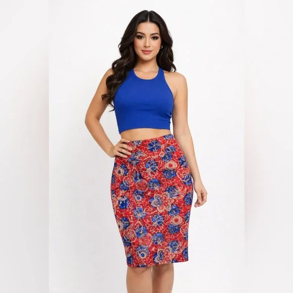 NWT LuLaRoe Red Tan Blue Floral Pencil Skirt - Picture 1 of 7